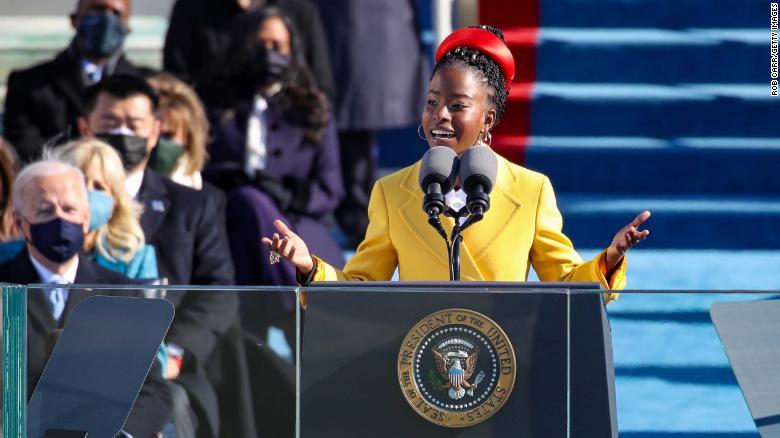 WASHINGTON, DC - JANUARY 20: Youth Poet Laureate Amanda Gorman speaks at the inauguration of U.S. President Joe Biden on the West Front of the U.S. Capitol on January 20, 2021 in Washington, DC.  During todays inauguration ceremony Joe Biden becomes the 46th president of the United States. (Photo by Rob Carr/Getty Images)