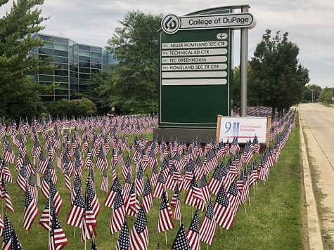 The view outside the College of DuPage’s Homeland Security Center exhibits American flags to pay tribute to all victims of 9-11. Source: Wikimedia Commons