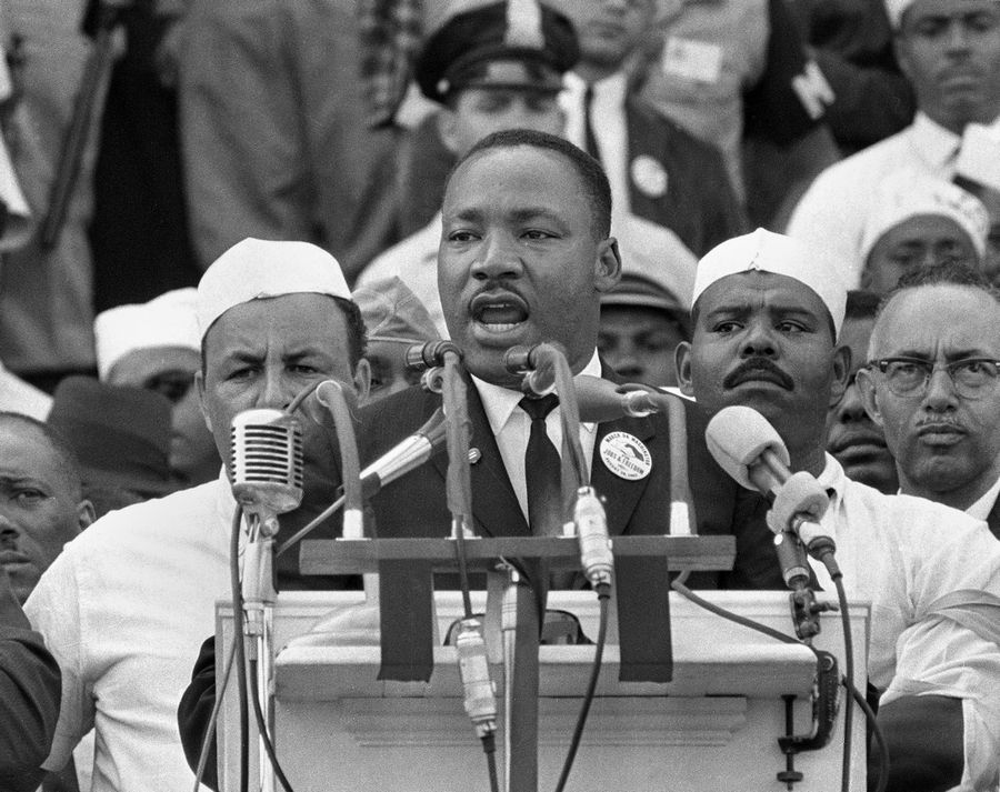 Dr. Martin Luther King Jr. addresses protesters during his notable “I Have a Dream” speech at the Lincoln Memorial in Washington, D.C. Source: Associated Press, August 28, 1963.
