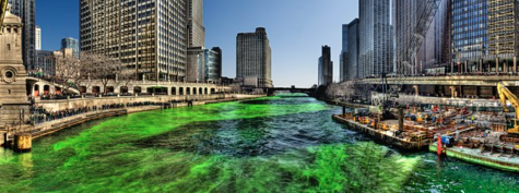 View of the Chicago River dyed green to celebrate St. Patrick’s Day (Source: Wikimedia Commons.)