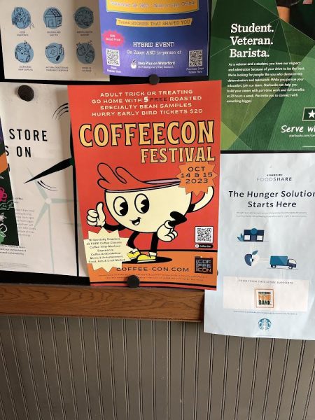 Taken at the Danada Starbucks location after I stopped in for my usual iced latte, the CoffeeCon Festival poster struck my eye as I passed by.