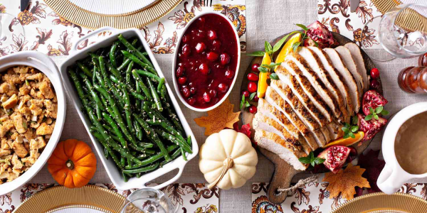Autumnal food table spread (Source:https://www.foodandwine.com/lifestyle/kitchen/best-thanksgiving-meal-delivery) 

