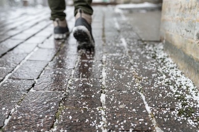 During colder months, salt can accumulate on sidewalks- inflicting abrasive “salt burn”. Source: Shutterflock
