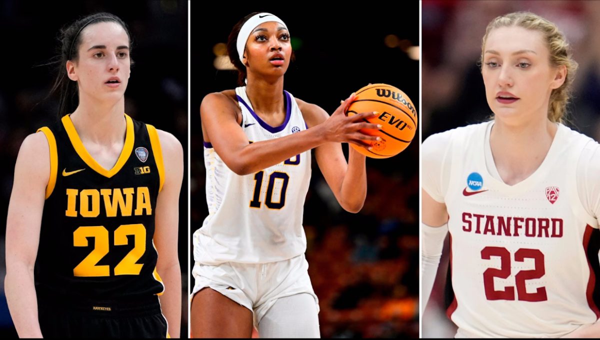 From left to right, three WNBA players are pictured: Caitlin Clark, Angel Reese, and Cameron Brink. Source: ABC