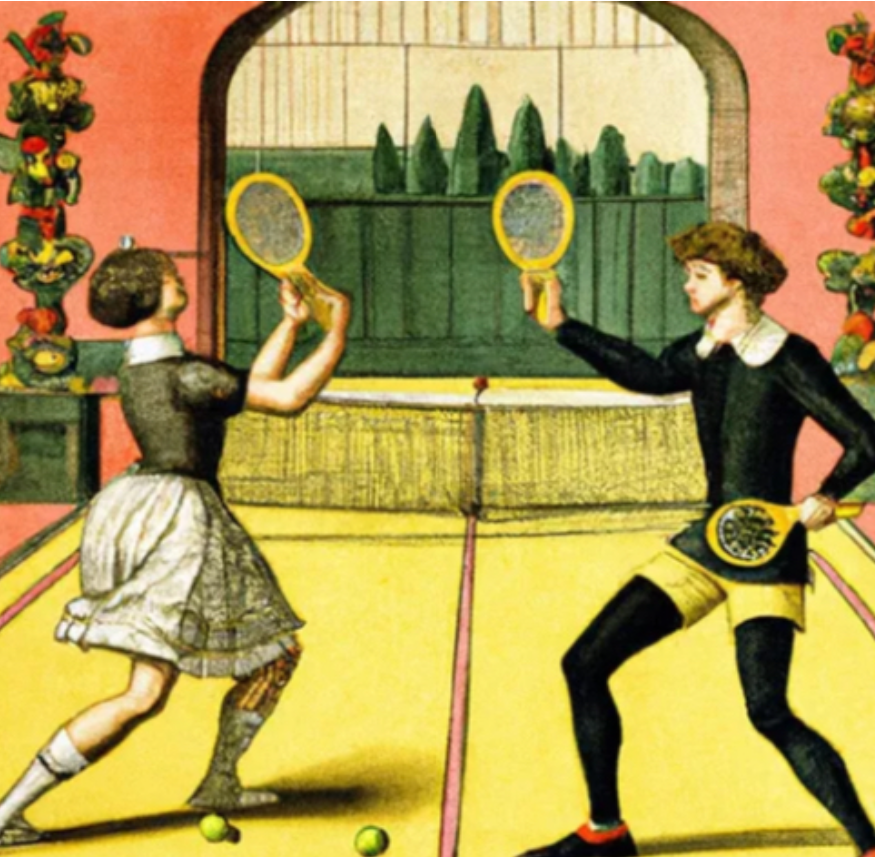 Image of ‘Jeu de Paume’, An activity that developed into tennis. Source: “RaquetRivalry"
